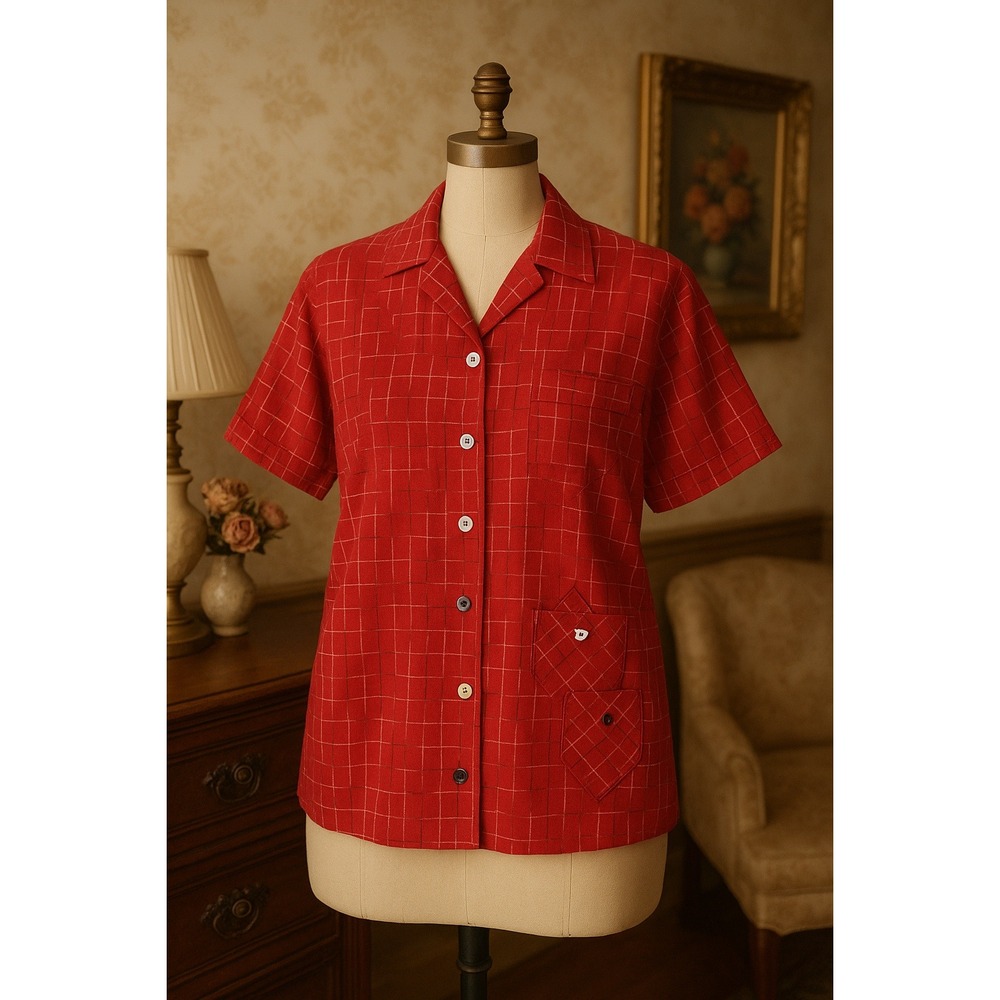 City Blues by Koret Red Grid Print Button Front Blouse Size XL Retro Cottagecore